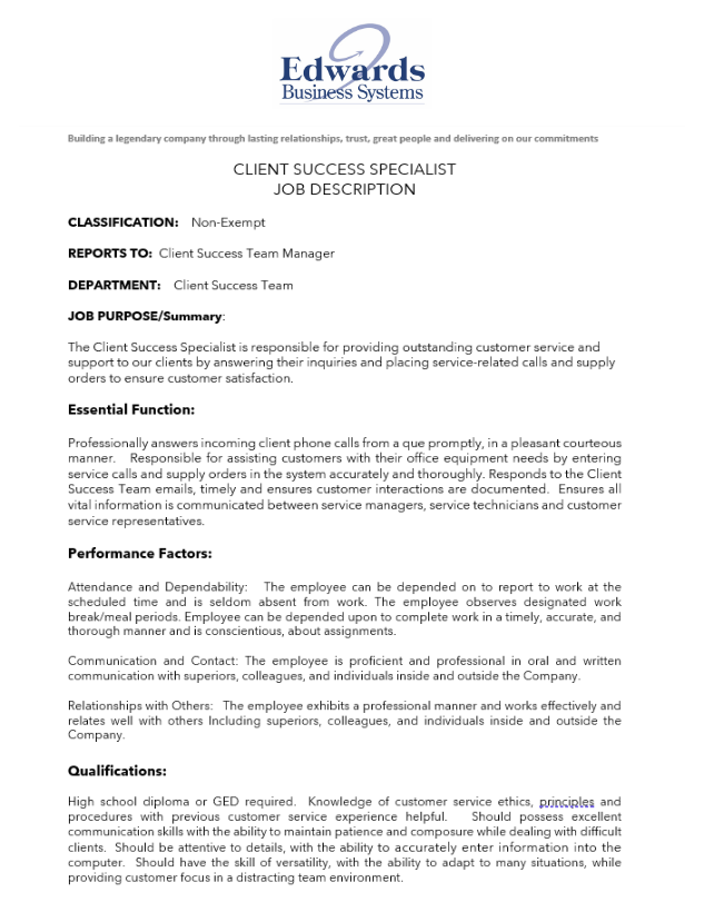 Client Success Specialist Description 1-2